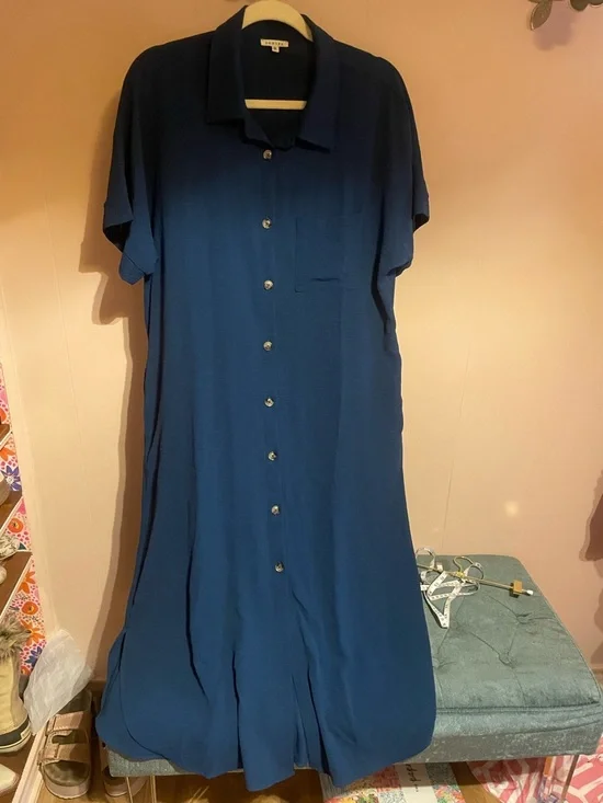JODIFL Ink Blue Button-Front Midi Shirt Dress - Picture 2 of 5